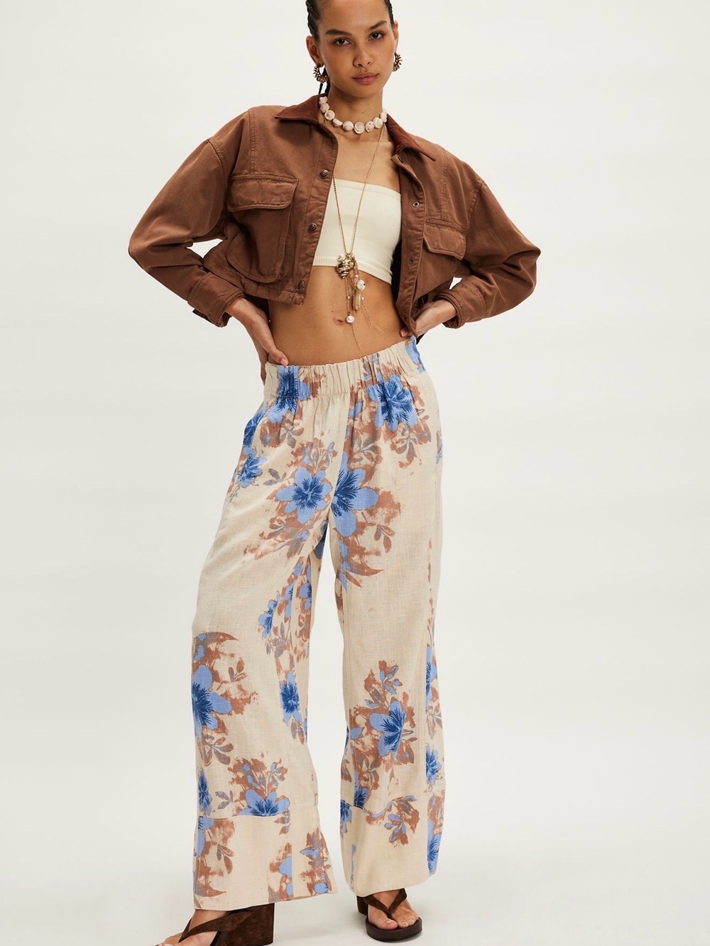 Free People Days End Wide-Leg Linen Pants Ivory, Blue, & Brown Floral size L